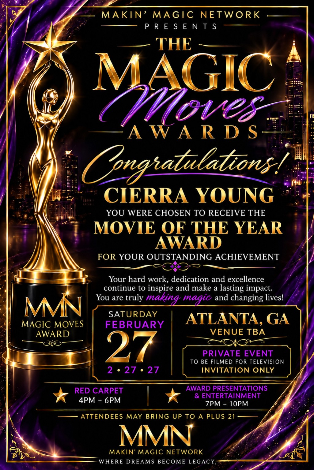Magic Moves Awards notice naming Cierra Young as a 2027 Movie of the Year honoree