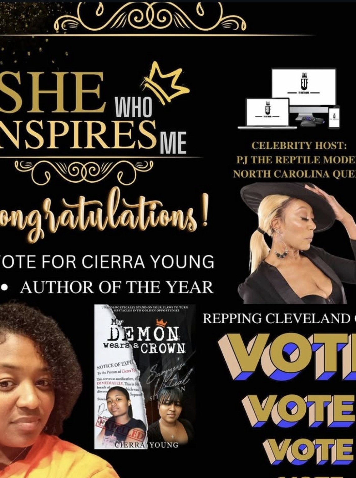 She Who Inspires Me voting graphic for Cierra Young for Author of the Year